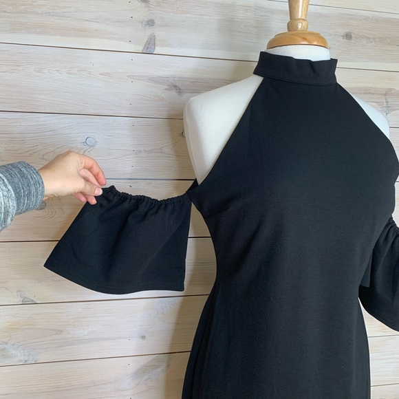 Black Mock Neck Off the Shoulder Mini Dress Bodycon - Picture 8 of 12